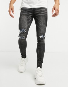 Серые зауженные джинсы из пейсли с рваной отделкой и тканевыми вставками на коленях Good For Nothing-Серый
