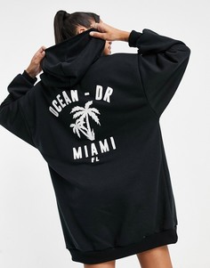 Черное платье-свитшот мини с капюшоном и принтом "Ocean Drive Miami" ASOS DESIGN-Черный