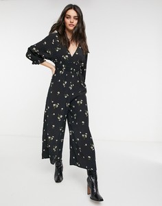 Комбинезон со сборками и темным цветочным принтом ASOS DESIGN-Розовый