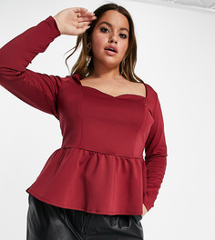 Бордовый топ с длинными рукавами и баской ASOS DESIGN Curve-Красный