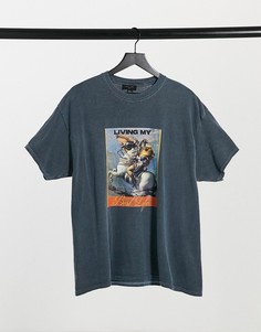 Темно-синяя oversized-футболка с художественным принтом New Look-Голубой