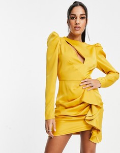 Платье мини горчичного цвета со скошенным вырезом, объемными рукавами и сборками Aria Cove-Желтый