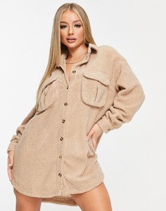 Плюшевое платье-рубашка в стиле oversized серо-коричневого цвета Missguided-Светло-бежевый