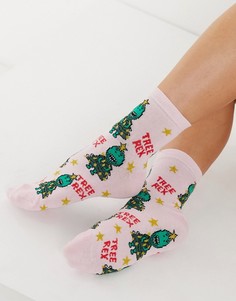Новогодние розовые носки до щиколотки с принтом тиранозавра-елки ASOS DESIGN-Розовый