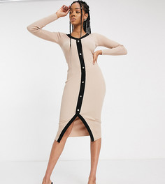Трикотажное облегающее платье бежевого цвета с пуговицами спереди Missguided Tall-Бежевый