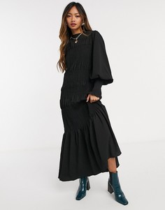 Черное присборенное платье миди с оборкой по нижнему краю ASOS DESIGN-Черный