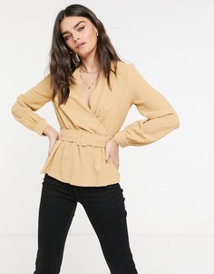 Коричневая блузка с запахом и поясом Vero Moda-Светло-коричневый