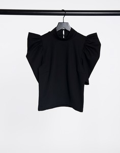 Черная футболка с высоким воротом и пышными рукавами Pieces-Черный