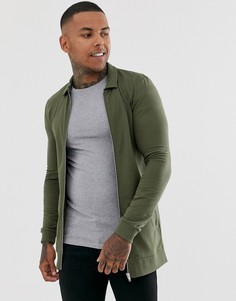 Удлиненная трикотажная куртка Харрингтон облегающего кроя цвета хаки ASOS DESIGN-Зеленый