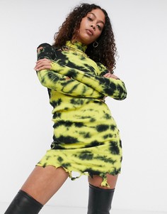 Облегающее платье в рубчик с высоким воротником, рваными краями и принтом тай-дай Kikiriki-Фиолетовый