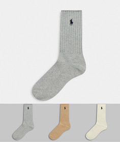 Три пары носков серого/кремового/коричневого цвета с логотипом Polo Ralph Lauren-Кремовый