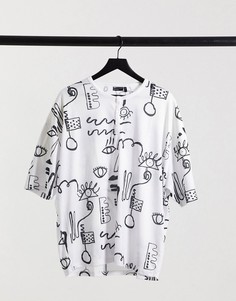 Футболка в стиле oversized с принтом в виде каракулей ASOS DESIGN-Белый