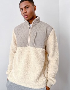 Плюшевый oversized-свитшот на короткой молнии со стегаными нейлоновыми вставками ASOS DESIGN-Бежевый