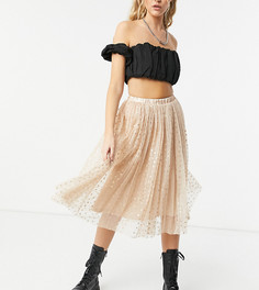 Эксклюзивная юбка миди из тюля с акцентами в виде металлических сердец цвета золотая роза от комплекта Lace & Beads-Золотистый