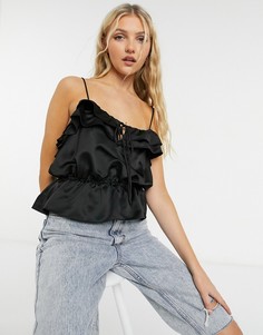 Черный топ с отделкой оборками Topshop