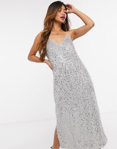 Серебристое платье миди на бретельках с пайетками и разрезом сбоку Vero Moda-Серебристый