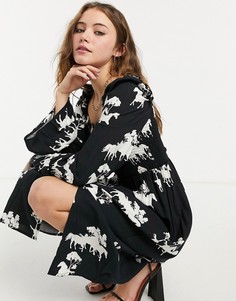 Свободное платье миди с квадратным вырезом и принтом лошадей Never Fully Dressed-Многоцветный