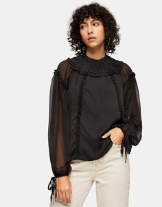 Черная блузка со сборками на кокетке Topshop-Черный