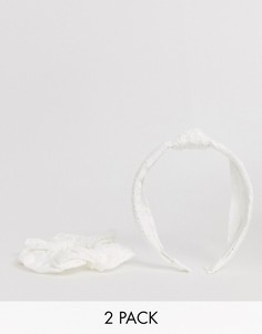 Набор из 2 предметов - белая повязка на голову и резинка для волос с вышивкой ришелье New Look-Белый