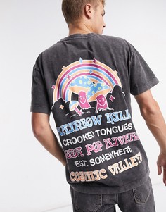 Oversized-футболка с эффектом кислотной стирки и принтом «Rainbow Hills» Crooked Tongues-Черный