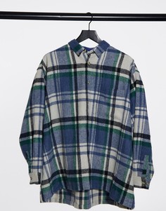 Синяя oversized-рубашка в крупную клетку из ткани с добавлением шерсти ASOS DESIGN-Голубой
