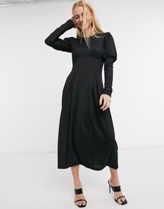 Черное свободное платье миди с объемными рукавами River Island-Черный