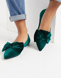 Зеленые бархатные балетки с острым носом и бантами ASOS DESIGN Lake-Зеленый