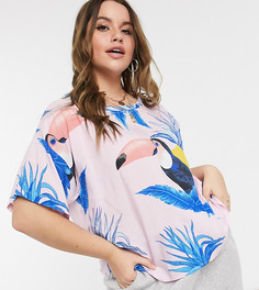 Розовая комбинируемая пижамная футболка из 100% модала с принтом туканов ASOS DESIGN Curve-Многоцветный