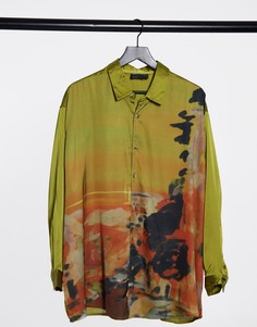 Oversized-рубашка под атлас с абстрактным пейзажным принтом ASOS DESIGN-Желтый