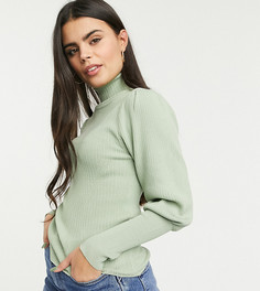 Шалфейно-зеленый джемпер в рубчик с высоким воротником ASOS DESIGN Petite