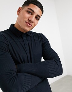 Темно-синяя облегающая футболка-поло в рубчик с длинными рукавами ASOS DESIGN-Темно-синий