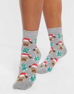 Серые новогодние носки до щиколотки с принтом мопсов ASOS DESIGN-Серый