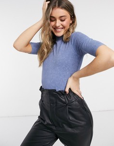 Боди выбеленного синего цвета с высоким воротом и рукавами до локтя ASOS DESIGN-Голубой