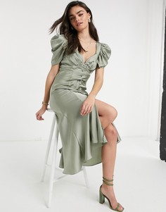 Платье миди на пуговицах с драпировкой на плечах ASOS DESIGN-Зеленый