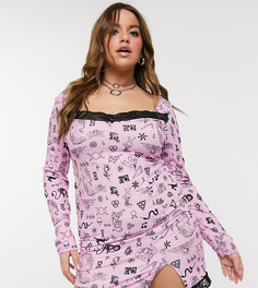 Облегающее трикотажное платье с квадратным вырезом, кружевной отделкой и смешанным принтом New Girl Order Curve-Розовый