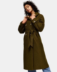 Тренч цвета хаки из букле Topshop-Зеленый