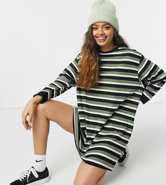 Платье-футболка цвета хаки в стиле oversized в полоску с длинными рукавами ASOS DESIGN Petite-Многоцветный