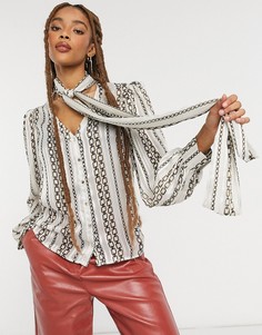 Кремовая блузка с принтом в виде цепочек и завязками на горловине Morgan-Многоцветный