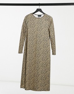 Платье миди с длинными рукавами и леопардовым принтом ASOS DESIGN-Коричневый
