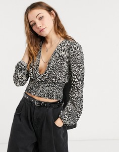Блузка с длинным рукавом и леопардовым монохромным принтом Miss Selfridge-Многоцветный