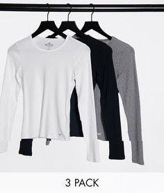Набор из трех узких футболок разных цветов с длинным рукавом и круглым вырезом Hollister-Многоцветный