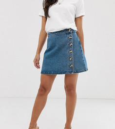 Синяя джинсовая юбка на пуговицах с запахом ASOS DESIGN Petite-Голубой