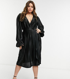 Черное платье миди с запахом, пышными рукавами на манжетах и поясом ASOS DESIGN Curve-Черный