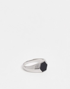 Серебристое кольцо-печатка с черным шестигранным камнем River Island-Серебристый