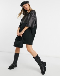 Черное платье-футболка в стиле oversized с вставкой из искусственной кожи ASOS DESIGN-Черный
