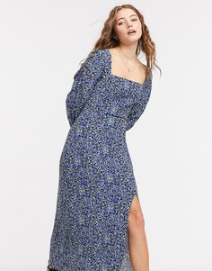 Синее платье миди с квадратным вырезом и цветочным принтом Bershka-Голубой