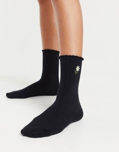 Черные носки до середины голени с цветочной вышивкой и волнистым краем ASOS DESIGN-Черный