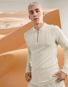Бежевый облегающий лонгслив поло из фактурного трикотажа на молнии ASOS DESIGN