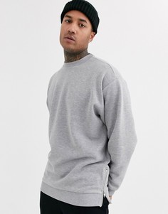 Серый меланжевый удлиненный oversized-свитшот с серебристыми молниями по бокам ASOS DESIGN