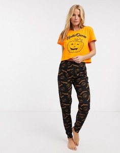 Пижама с брюками и футболкой с надписью "Halloqueen" Brave Soul-Оранжевый